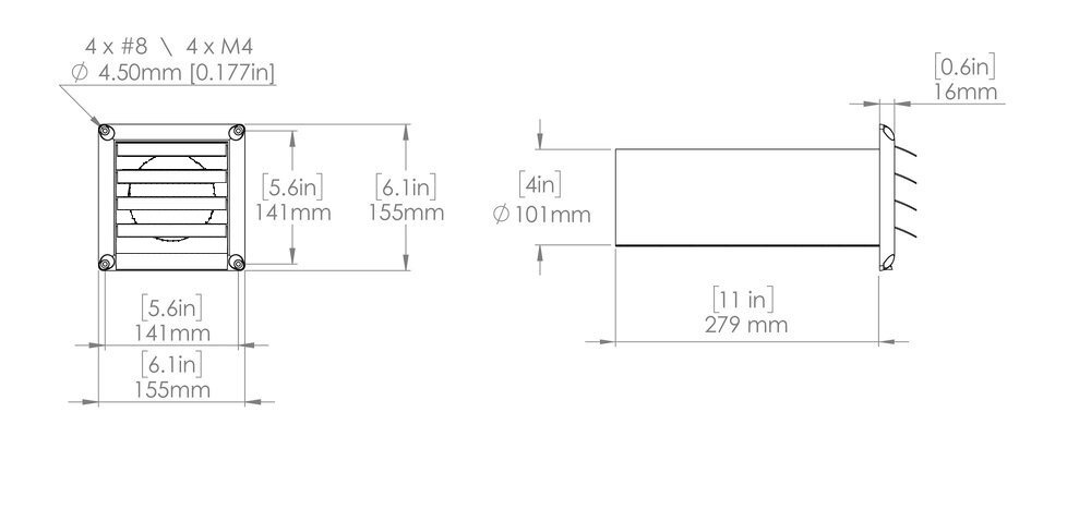 Images Dimensions - HS 4W External Louver Exhaust - Fantech